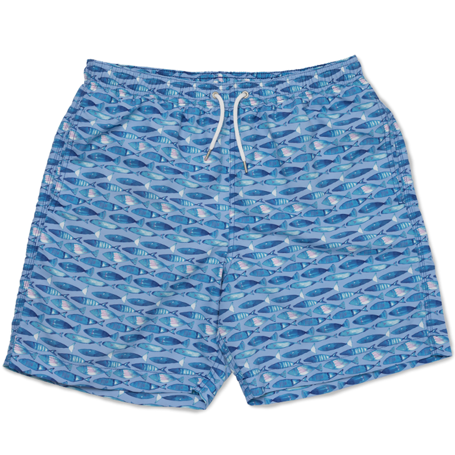 Mens Blue Swim Shorts With 'Fish' Printed Design Blue. Draw Cord Is White / L 36-38