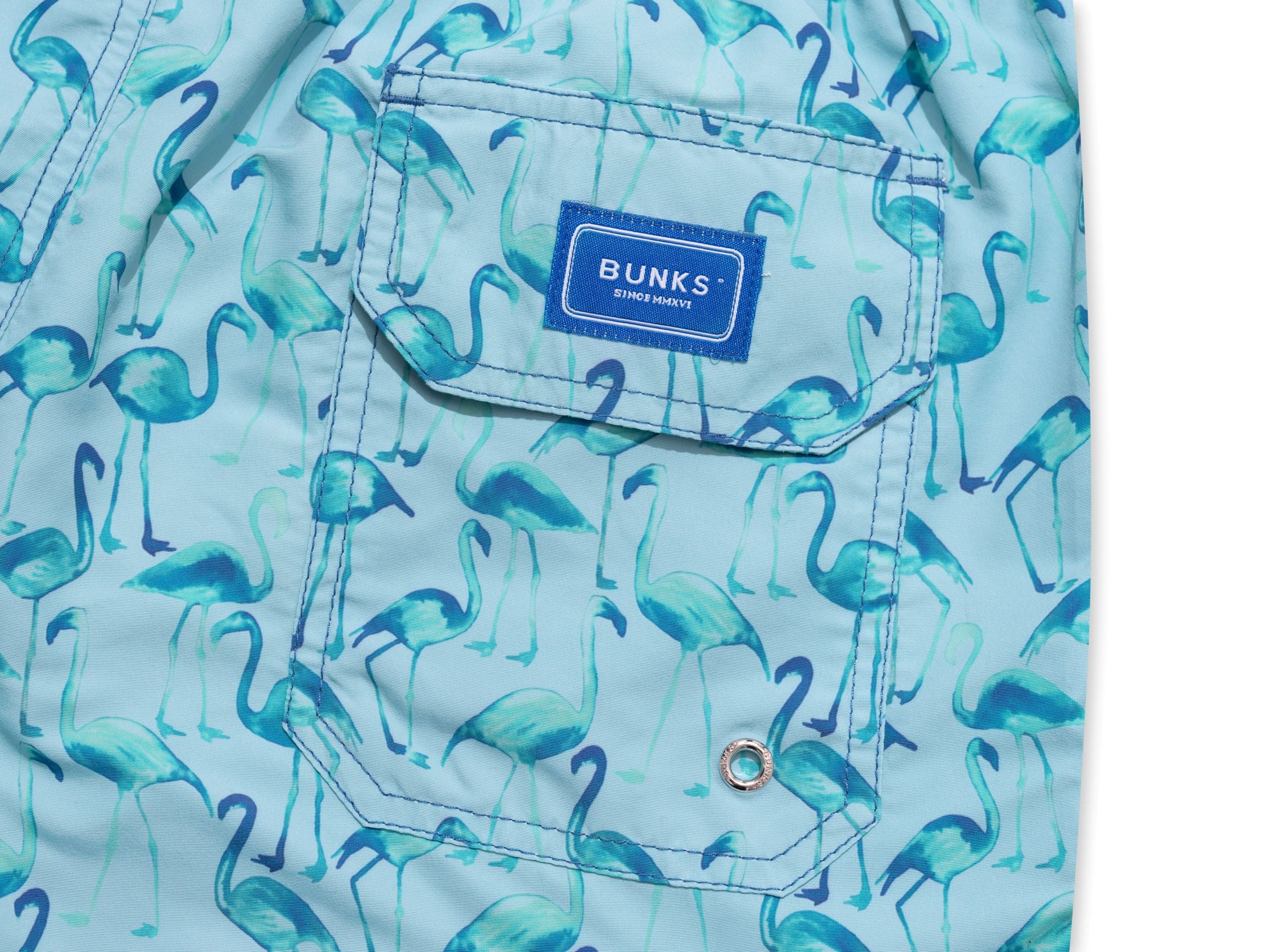 BUNKS Mens Blue & Teal Swim Shorts With Flamingo Printed Design – BUNKS