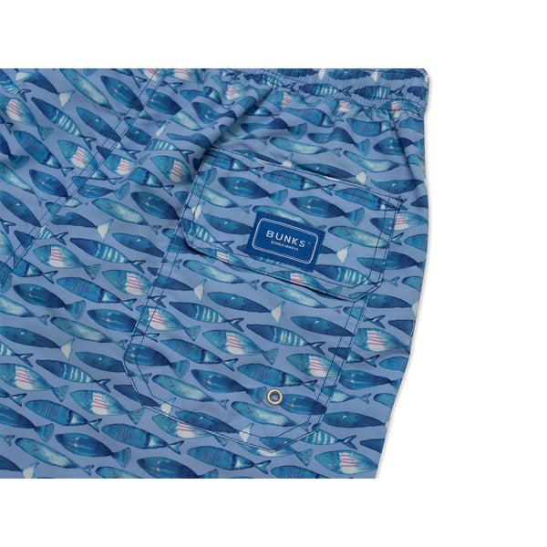 Mens Blue Swim Shorts With 'Fish' Printed Design – BUNKS | Swimming ...