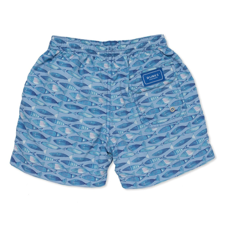 Boys Blue Swim Shorts With 'Fish' Printed Design Blue. Draw Cord Is White / 9-10